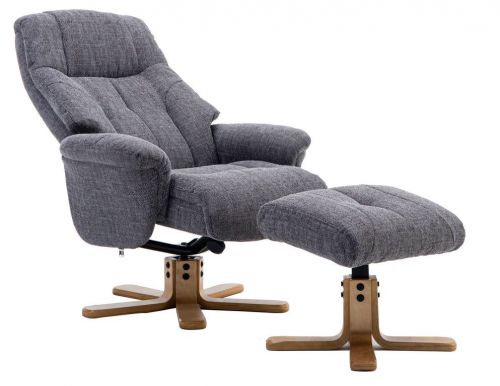 Denver Recliner Greystone Fabric with Swivel Recline Function Stylish Natural Wood Five Star Base and Matching Footstool | ZRDENVERGREYSTON | Teknik