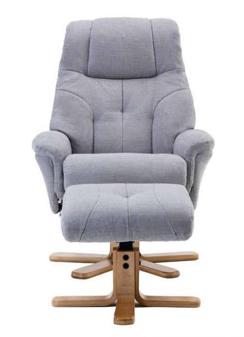 Denver Recliner Light Grey Fabric with with Swivel Recline Function Stylish Natural Wood Five Star Base and Matching Footstool