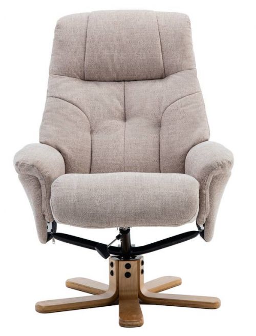 Denver Recliner Oatmeal Fabric with Swivel Recline Function Stylish Natural Wood Five Star Base and Matching Footstool