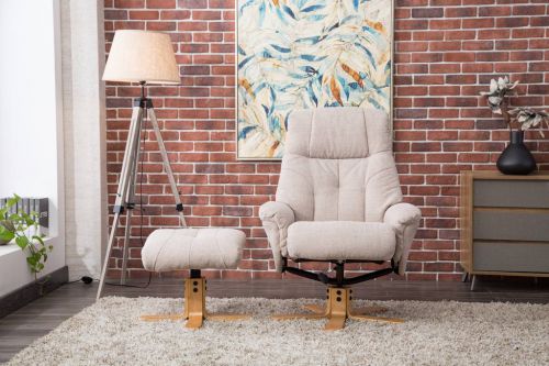 Denver Recliner Oatmeal Fabric with Swivel Recline Function Stylish Natural Wood Five Star Base and Matching Footstool
