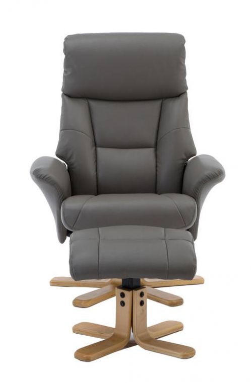 Montreal Recliner Grey PU with Swivel Recline Function Stylish Natural Wood Five Star Base and Matching Footstool