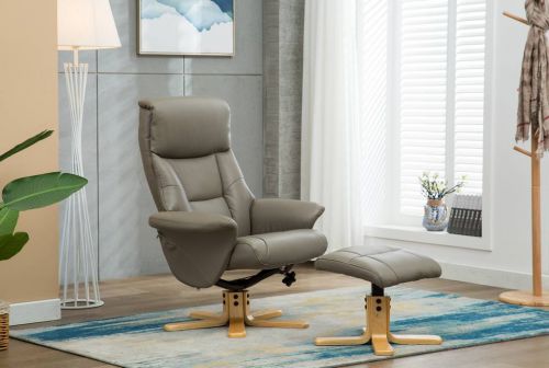 Montreal Recliner Grey PU with Swivel Recline Function Stylish Natural Wood Five Star Base and Matching Footstool | ZRMONTREALGREY | Teknik