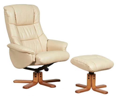 Teknik Office Chicago Cream Luxury Recliner Chair With Cherry Base and Matching Footstool