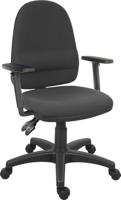 Teknik Office Ergo Twin Black Fabric Operator chair with pronounced lumbar support and a sturdy nylon base. With Step adjustable armrests
