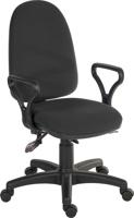 Teknik Office Ergo Trio Black Fabric Operator chair with 3 lever mechanism and a sturdy nylon base. With Standard fixed armresets.