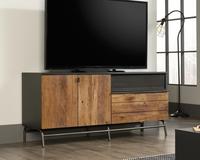 Teknik Office Boulevard Cafe TV Credenza in a black finish with Vintage Oak accents accommodates up to 60â€ TV 2 adjustable shelves behind doors