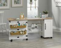 Teknik Office Sewing / Craft Cart  Soft White Finish with Lintel Oak Accents 2 large double doors  2 adjustable shelves behind smaller doors