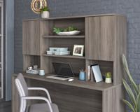 Teknik Office Affiliate 1800 Hutch in a Hudson Elm effect finish, hidden adjustable shelves for storage behind two doors