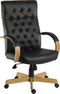 Teknik Office Warwick Noir Bonded Leather Button Back Chair Matching Light Oak Effect Arms and Base