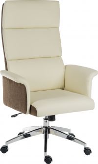 Elegance High Backed Executive Chair Cream Leather Look Gull Wing Arms Contrast Chocolate Accent Fabric with Recline Function Smart Swivel Chrome Base