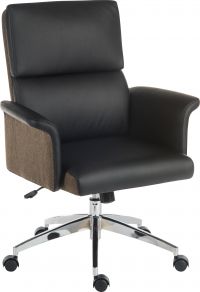 Elegance Medium Backed Executive Chair Black Leather Look Gull Wing Arms Contrast Chocolate Accent Fabric with Recline Function Smart Swivel Chrome Ba