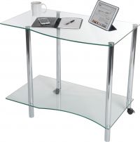 Teknik Office Ice Light Tempered Glass Shaped Workstation With Solid Bottom Shelf