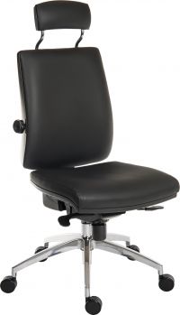 Teknik Office Ergo Plus Black Leather Look 24 Hour Chair Headrest Aluminium Pyramid Base Rated up to 24 Stone Optional Arm Rests