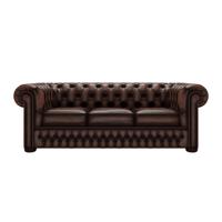 Teknik Office Chesterfield 3 seater button back leather sofa in Antique Brown with scrolled arms, elegant turned legs and pigmented leather  