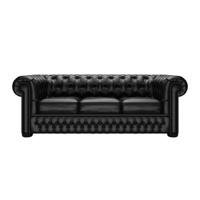 Teknik Office Chesterfield 3 seater button back leather sofa in Birch Black with scrolled arms, elegant turned legs and pigmented leather  