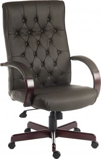Teknik Office Warwick Brown Bonded Leather Traditional Button Back Chair Matching Mahogany Effect Arms Base