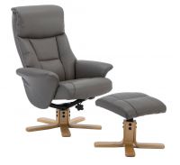 Montreal Recliner Grey PU with Swivel Recline Function Stylish Natural Wood Five Star Base and Matching Footstool