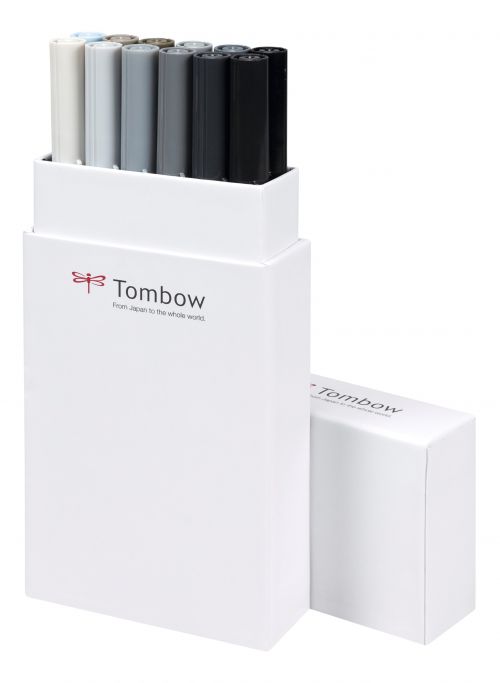 Tombow ABT Dual Brush Pen 2 Tips Grey Colours (Pack 12) - ABT-12P-3 Fineliner & Felt Tip Pens 48735TW