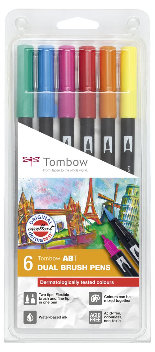 Tombow ABT Dual Brush Pen 2 Tips Dermatlogically Tested Assorted Colours (Pack 6) - ABT-6P-3
