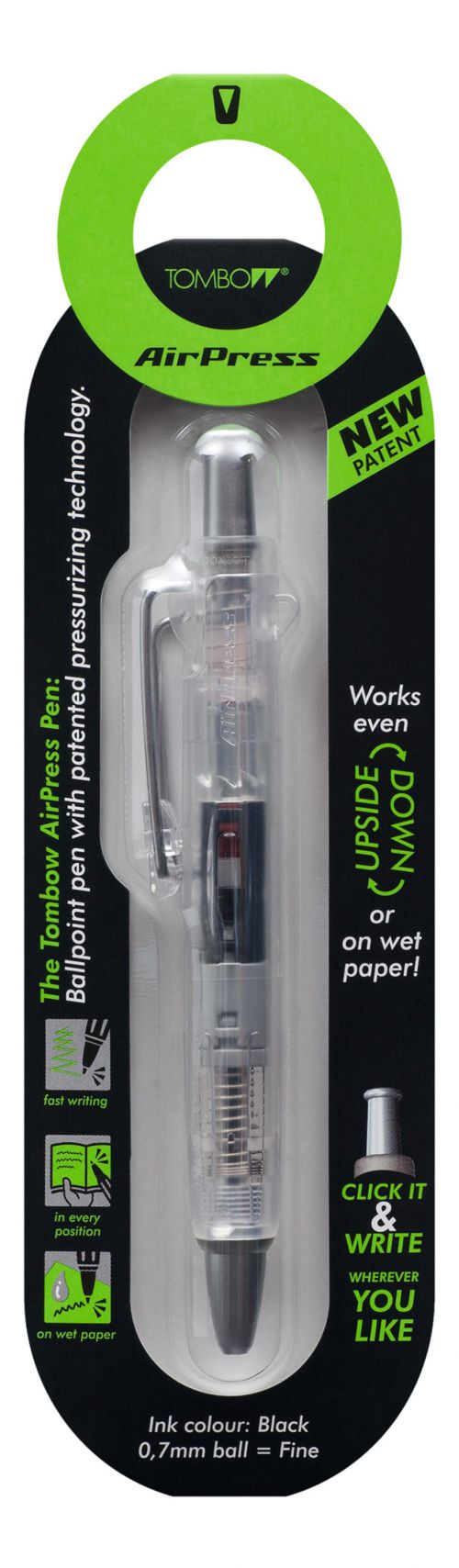 Tombow AirPress Retractable Ballpoint Pen 0.7mm Tip Transparent Barrel Black Ink - BC-AP20