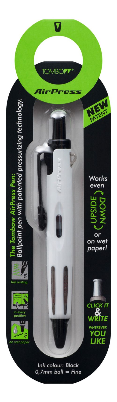 Tombow AirPress Retractable Ballpoint Pen 0.7mm Tip White Barrel Black Ink