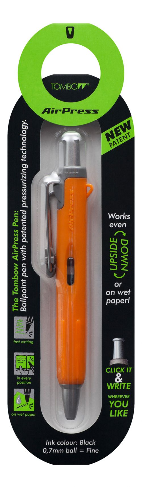 Tombow AirPress Retractable Ballpoint Pen 0.7mm Tip Orange Barrel Black Ink - BC-AP54