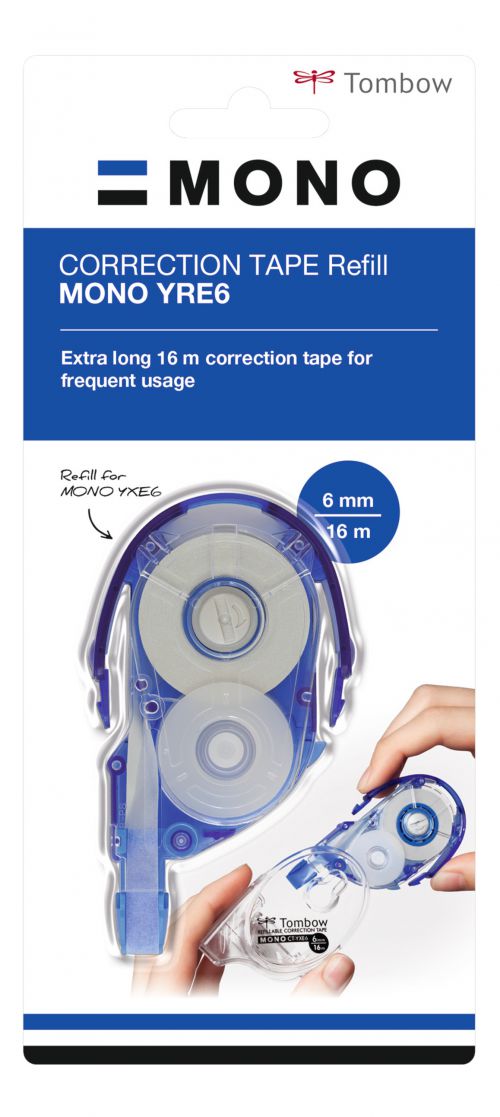 The egological sideway: The original MONO correction tape has been the first for what the sideways-correction is concerned - now available in the refillable version. Extra long 16 m tape. The natural, ergonomic posture guarantees a comfortable and precise correction. No drying time - can be written over instantly and cleanly. Due to the "Tombow Coating Technology" especially clear re-writing is possible. Tear-proof tape (PET) - can be dispensed down to the last millimetre. With the help of the easy to use reset button the tape can, if necessary, be tightened (Tape control system). Easy to refill. Tape: 4.2 mm x 16 m. CT-YRE4 : Recycling ratio over 60% of gross weight. CT-YRE6 : Recycling ratio over 50% of gross weight