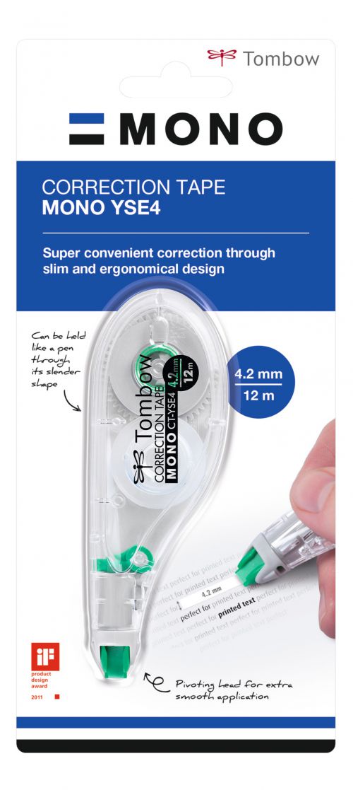 48560TW | The evolutionary sideway: a hybrid of the sideways-correction tape and a slim body. Precise and convenient corrections using lateral dispensing technology. No drying time - can be written over instantly and cleanly. Tear-proof tape (PET) - can be dispensed down to the last millimetre. With the help of the easy to use reset button the tape can, if necessary, be tightened (tape control system). Pivoting head with slide cap (protection cap). Clean and easy application also on uneven surfaces with a flexibly mounted tip. Extractable protective cap. Can be dispensed down to the last milimetre. Thin form - fits into pen holders, shirt pockets and many other places. Recycling ratio over 60% of gross weight. Awarded with the iF product design award 2011. Comfortable tape length of 12 m with two different widths: 4,2 mm tape width - perfect for printed text, 6 mm tape width - perfect for handwritten text.