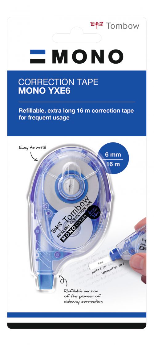 48588TW | The egological sideway: The original MONO correction tape has been the first for what the sideways-correction is concerned - now available in the refillable version. Extra long 16 m tape. The natural, ergonomic posture guarantees a comfortable and precise correction. No drying time - can be written over instantly and cleanly. Tear-proof tape (PET) - can be dispensed down to the last millimetre. With the help of the easy to use reset button the tape can, if necessary, be tightened (Tape control system). Easy to refill.  Tape: 4.2 mm x 16 m. CT-YXE4 Recycling ratio over 70% of gross weight. CT-YXE6 Recycling ratio over 60% of gross weight.