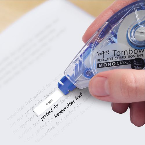 48588TW | The egological sideway: The original MONO correction tape has been the first for what the sideways-correction is concerned - now available in the refillable version. Extra long 16 m tape. The natural, ergonomic posture guarantees a comfortable and precise correction. No drying time - can be written over instantly and cleanly. Tear-proof tape (PET) - can be dispensed down to the last millimetre. With the help of the easy to use reset button the tape can, if necessary, be tightened (Tape control system). Easy to refill.  Tape: 4.2 mm x 16 m. CT-YXE4 Recycling ratio over 70% of gross weight. CT-YXE6 Recycling ratio over 60% of gross weight.