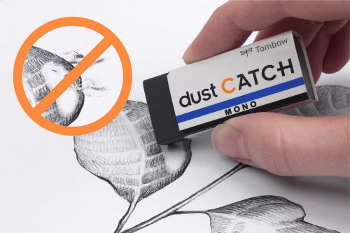 MONO dust CATCH collects its own residues: Due to a special polymer formula small eraser bits stick to the eraser and do not remain on the paper. This enables an especially clean erasing and avoids that drawings are unintendendly damaged by eraser residues. Material: PVC, phthalate free and latex free. Weight: 19 g.