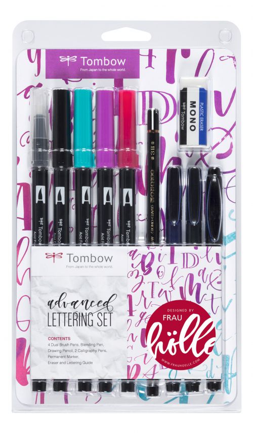 Set contains all material needed for advanced handlettering. Includes instruction guide with tips and tricks for blending colours, flourishing and embellishing letterings. Content: 4 ABT Dual Brush Pens with flexible brush tip and fine bullet tip. Colours black (ABT-N15), sea blue (ABT-373), deep magenta (ABT-685) and cherry (ABT-815). One colourless blender pen (ABT-N00) for softening and blending ABT colours. One pencil MONO 100, degree of hardness 3H (MONO-100-3H). Calligraphy pen Fudenosuke in two versions, with hard (WS-BH) and soft (WS-BS) brush tip, colour black. One black permanent marker MONO twin with two tips (OS-TME33). One eraser MONO XS (PE-01A).