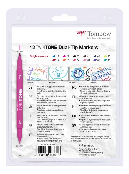 Tombow TwinTone Dual Tip Marker 0.8mm and 0.3mm Line Bright Assorted Colours (Pack 12) - WS-PK-12P-1  48882TW
