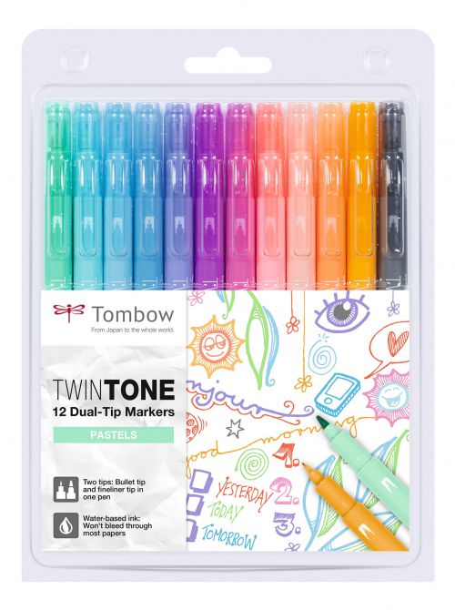 Tombow TwinTone Dual Tip Marker 0.8mm and 0.3mm Line Pastel Assorted Colours (Pack 12) - WS-PK-12P-2