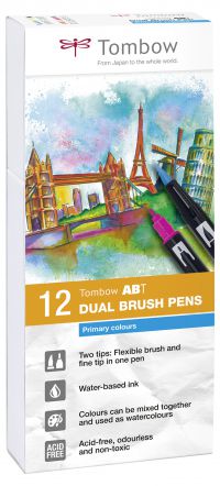 Tombow ABT Dual Brush Pen 2 Tips Primary Assorted Colours (Pack 12) - ABT-12P-1