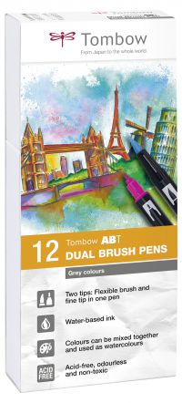 Tombow ABT Dual Brush Pen 2 Tips Grey Colours (Pack 12) - ABT-12P-3