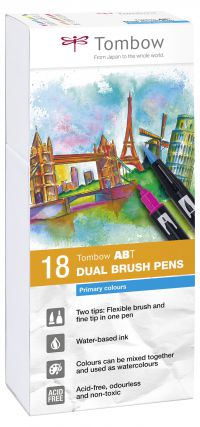 Tombow ABT Dual Brush Pen 2 Tips Primary Assorted Colours (Pack 18) - ABT-18P-1