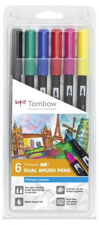 Tombow ABT Dual Brush Pen 2 Tips Primary Assorted Colours (Pack 6) - ABT-6P-1