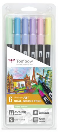 Tombow ABT Dual Brush Pen 2 Tips Pastel Assorted Colours (Pack 6) - ABT-6P-2