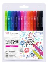 Tombow TwinTone Dual Tip Marker 0.8mm and 0.3mm Line Bright Assorted Colours (Pack 12) - WS-PK-12P-1