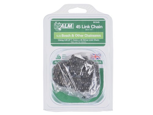 The ALM Manufacturing Replacement Chainsaw Chains to fit a wide range of chainsaw makes and models.The ALM Manufacturing Chainsaw Chain has a 3/8in low profile (L/P), 0.043in guide bar slot 0.375mm and low profile (L/P) 1.1mm guide bar slot.Made to fit: Bosch: AKE30, AKE30-17S, PKE30B and suits saws with a 30cm (12in) bar and chain with 45 drive links.