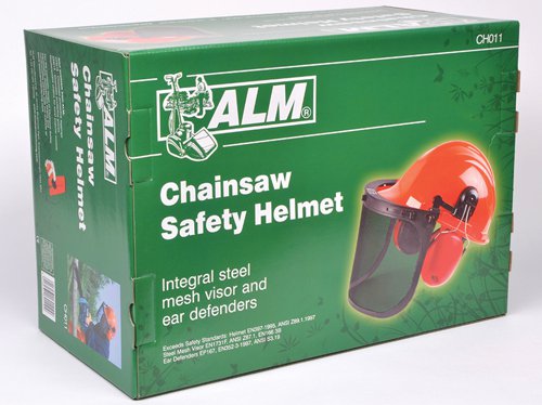 The ALM Manufacturing CH011 Chainsaw Safety Helmet comes with integral ear defenders and metal mesh face shield (guard). It can be worn for use with all electric, petrol and battery-powered chainsaws.Exceeds the following safety standards:Helmet: EN397-1995, ANSI Z89.1.1997Visor: EN1731F, ANSI Z87.1, EN166 3BEar Defenders: EP167, EN352-3-1997, ANSI S3.19.
