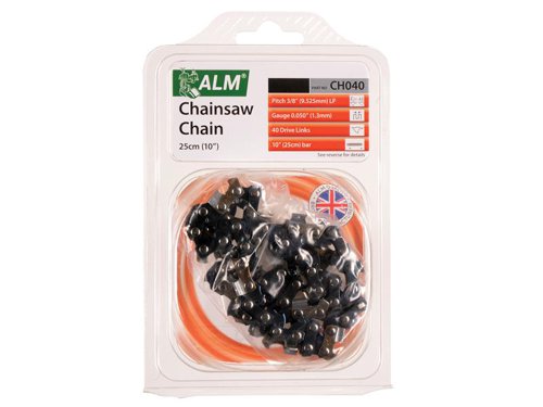 The ALM Manufacturing Replacement Chainsaw Chains to fit a wide range of chainsaw makes and models.The ALM Manufacturing CH040 Chainsaw Chain fits all makes and models of chainsaws using a 3/8in pitch, 0.050in gauge and 40 drive link chain.
