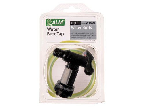 This ALM Water Butt Tap fits most water butts, drums, fermenters, and home-brew barrels, and has a durable, smooth action lever tap. Designed for use with the hose quick connect system.Supplied with a nut and washer.Specifiation:Size: 3/4in BSP.Flow Rate: 105m/s.
