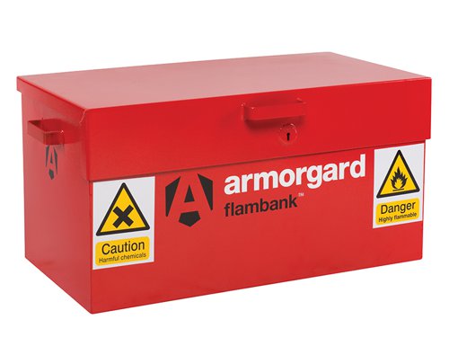 The Armorgard FlamBank™ Hazard Vaults are constructed to the same specification as the Tuffbank. They fully comply with all regulations for the safe storage of chemicals and flammables, built to 30 minute fire resistance.Fully welded and tested sump base to prevent leakage, ultra-robust 5-lever deadlocks with anti-drill plates on both sides and anti-cut rollers in deadbolt with robust Chubb style keys supplied.High and low-level ventilation to prevent build-up of fumes, and flame arrester gauze is fitted on all boxes. Also suitable for the safe storage of chemicals.The Armogard FlamBank™ Hazard Vault has the following specifications:External Dimensions: 980 x 540 x 475mmInternal Dimensions: 900 x 470 x 470mm.Weight: 45kg.