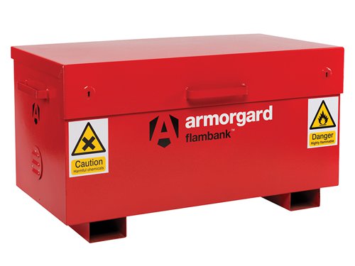 The Armorgard FlamBank™ Hazard Vaults are constructed to the same specification as the Tuffbank. They fully comply with all regulations for the safe storage of chemicals and flammables, built to 30 minute fire resistance.Fully welded and tested sump base to prevent leakage, ultra-robust 5-lever deadlocks with anti-drill plates on both sides and anti-cut rollers in deadbolt with robust Chubb style keys supplied.High and low-level ventilation to prevent build-up of fumes, and flame arrester gauze is fitted on all boxes. Also suitable for the safe storage of chemicals.The Armorgard FlamBank™ Hazard Vault has the following specifications:External Dimensions: 1275 x 665 x 660mm.Internal Dimensions: 1190 x 605 x 575mm.Weight: 80kg.