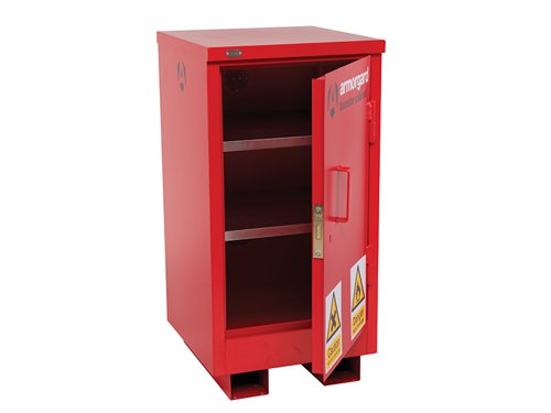 The Armorgard FlamStor Cabinet Range is designed as an upright alternative to the FlamBank, with fully adjustable shelving. Comply with all regulations for storing of harmful chemicals and flammables, built to 30 minute fire resistance.Fully welded and tested sump base to prevent leakage with high and low level ventilation.Fully adjustable shelves with all sizes and heavy-duty 5-lever deadlocks with serial numbers for replacement keys. Fork lift skids on all sizes.The Armorgard FlamStor™ Hazard Cabinet has the following specifications:External Dimensions: 500 x 530 x 980mm.Internal Dimensions: 470 x 470 x 900mm.Weight: 50kg.