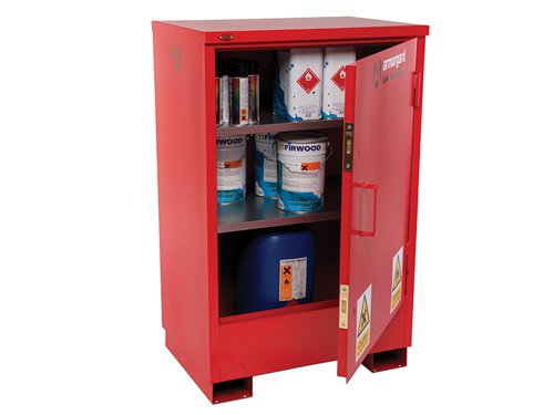 The Armorgard FlamStor Cabinet Range is designed as an upright alternative to the FlamBank, with fully adjustable shelving. Comply with all regulations for storing of harmful chemicals and flammables, built to 30 minute fire resistance.Fully welded and tested sump base to prevent leakage with high and low level ventilation.Fully adjustable shelves with all sizes and heavy-duty 5-lever deadlocks with serial numbers for replacement keys. Fork lift skids on all sizes.The Armorgard FlamStor™ Hazard Cabinet has the following specifications:External Dimensions: 800 x 585 x 1250mm.Internal Dimensions: 770 x 520 x 1170mm.Weight: 85kg.