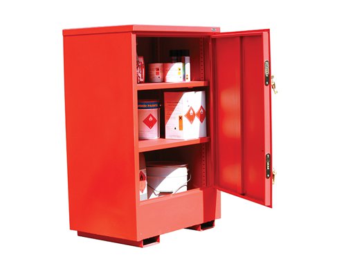 The Armorgard FlamStor Cabinet Range is designed as an upright alternative to the FlamBank, with fully adjustable shelving. Comply with all regulations for storing of harmful chemicals and flammables, built to 30 minute fire resistance.Fully welded and tested sump base to prevent leakage with high and low level ventilation.Fully adjustable shelves with all sizes and heavy-duty 5-lever deadlocks with serial numbers for replacement keys. Fork lift skids on all sizes.The Armorgard FlamStor™ Hazard Cabinet has the following specifications:External Dimensions: 800 x 585 x 1250mm.Internal Dimensions: 770 x 520 x 1170mm.Weight: 85kg.