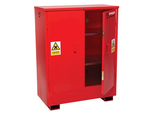 The Armorgard FlamStor Cabinet Range is designed as an upright alternative to the FlamBank, with fully adjustable shelving. Comply with all regulations for storing of harmful chemicals and flammables, built to 30 minute fire resistance.Fully welded and tested sump base to prevent leakage with high and low level ventilation.Fully adjustable shelves with all sizes and heavy-duty 5-lever deadlocks with serial numbers for replacement keys. Fork lift skids on all sizes.The Armorgard FlamStor™ Hazard Cabinet has the following specifications:External Dimensions: 1200 x 580 x 1550mm.Internal Dimensions: 1170 x 520 x 1470mm.Weight: 150kg.